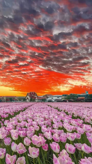  4K晚霞郁金香花海