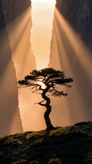 峡谷孤松唯美逆光风景