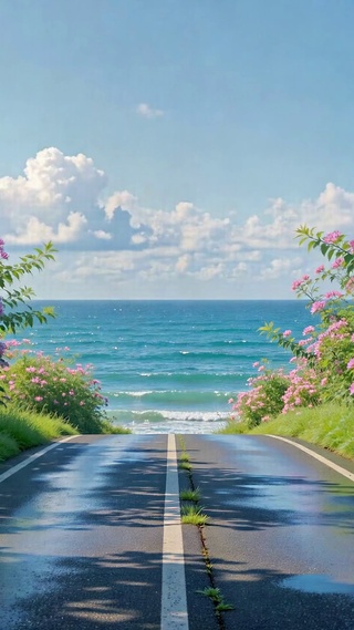 花海公路通往蔚蓝大海