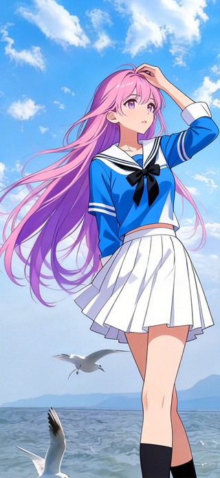 海边吹风的少女