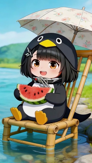 夏日小河边吃瓜小企鹅