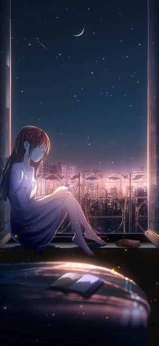 夜晚阳台许愿流星少女