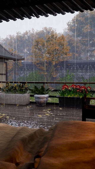 雨天庭院木屋