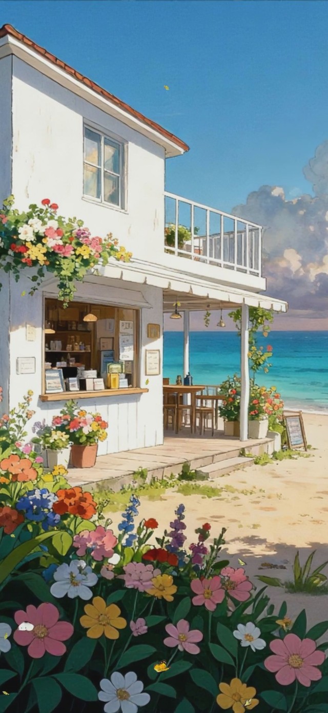 夕阳海景房屋树木