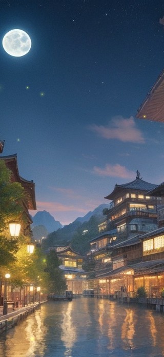 夜晚河边古风水街