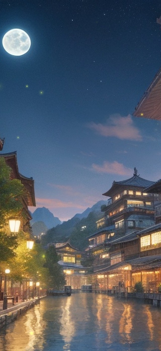 夜晚河边古风水街