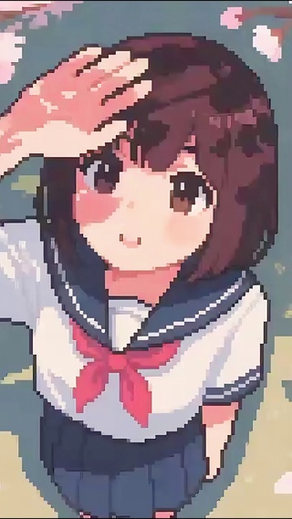 像素风-阳光中赏樱花的女孩