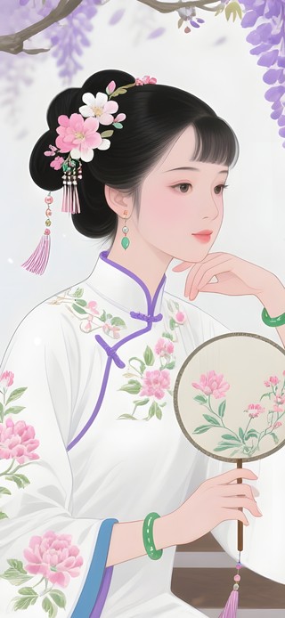 古典紫藤树下女孩