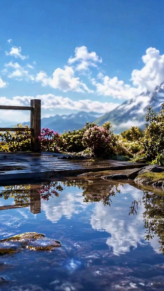 雪山下溪流观景台治愈风光