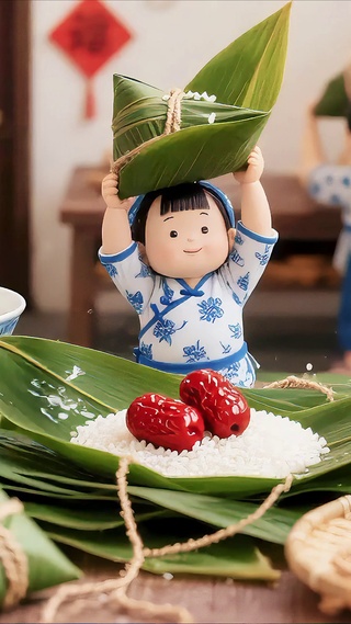 端午节包甜粽子的小人