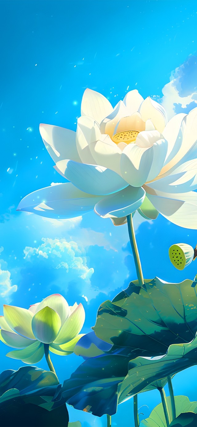碧蓝白云荷花