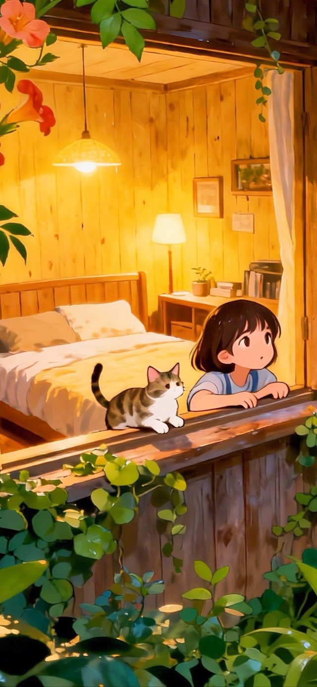 下雨天窗边的女孩与猫咪