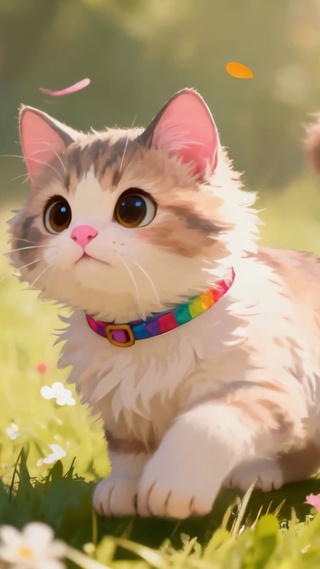 春日草坪上可爱猫咪和蝴蝶玩耍