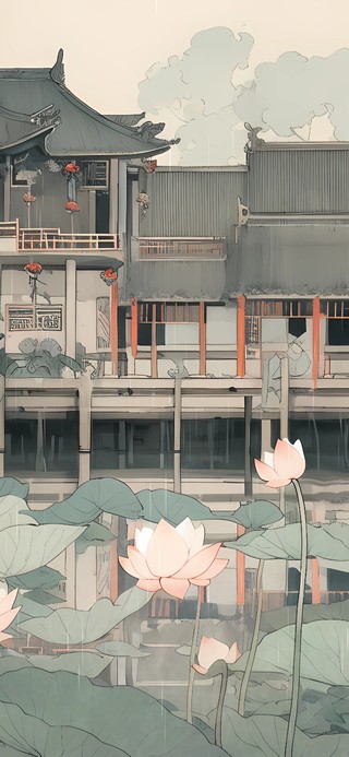 雨中荷花，国画