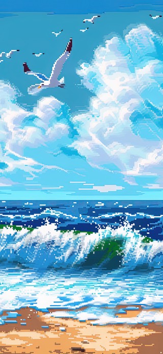 像素风蓝天海鸥沙滩