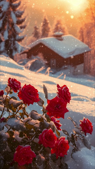 雪地玫瑰与小屋