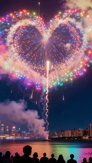 浪漫爱心烟花城市夜景