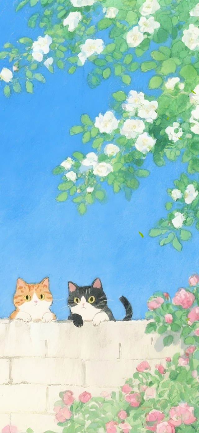 手绘插画 花园爬墙头的可爱猫咪