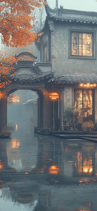 秋日淅沥小雨庭院