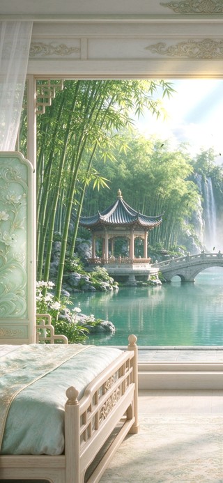 园林小景瀑布湖泊