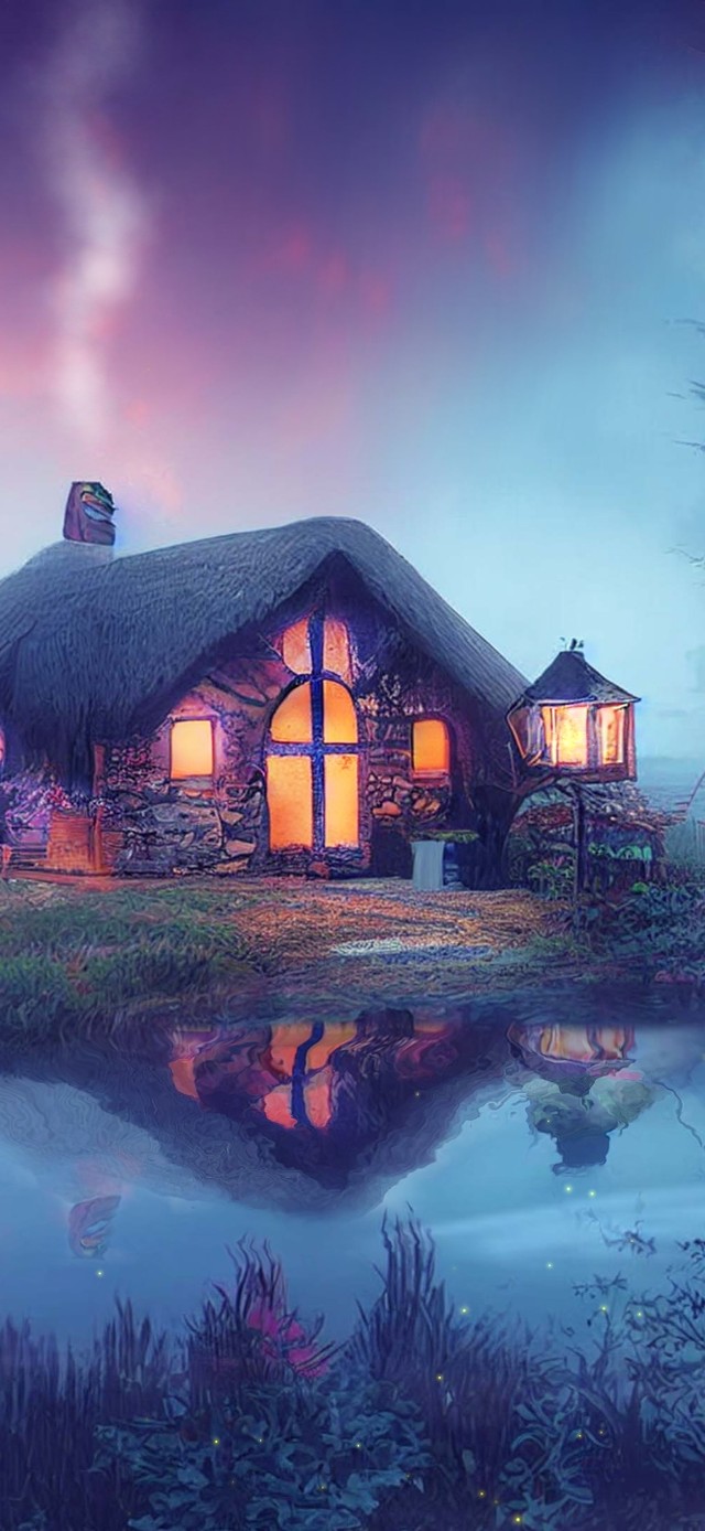 夜晚湖边小屋