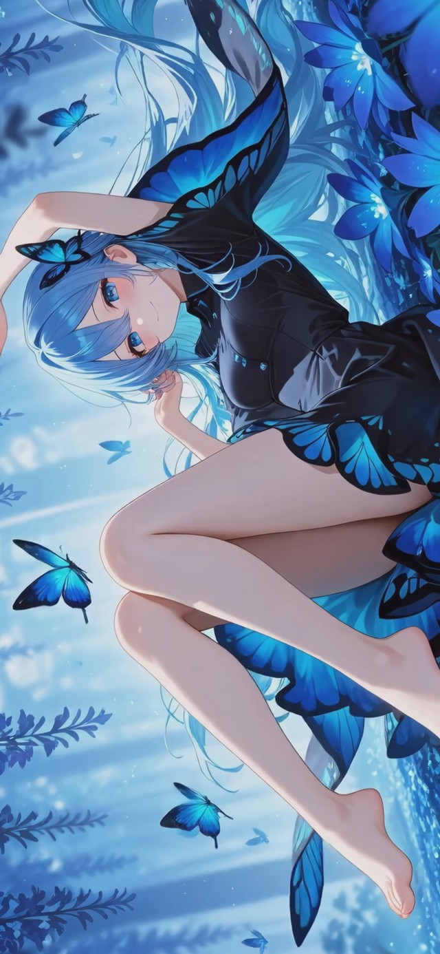 蓝发美女蝴蝶飞舞