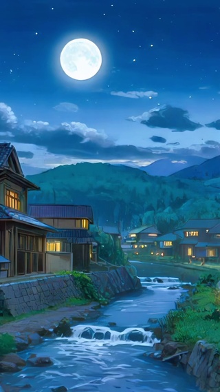 山间月下村落