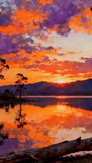 油画夕阳树木