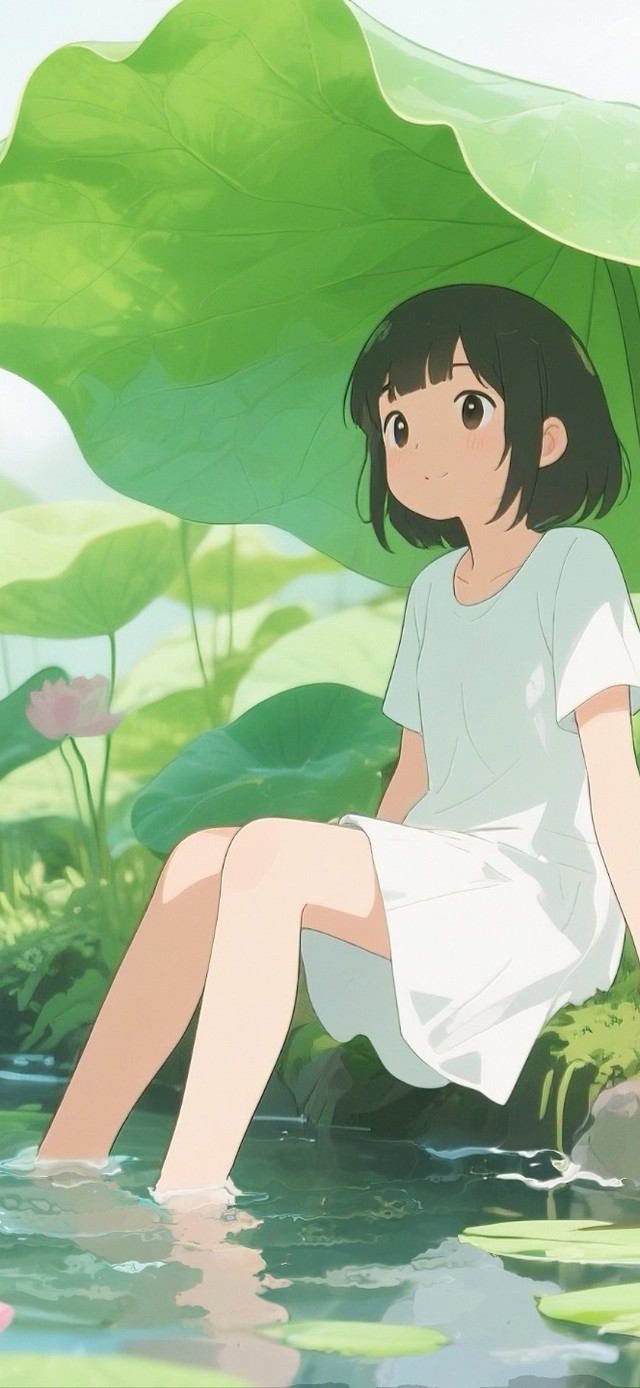 荷叶下躲雨的女孩