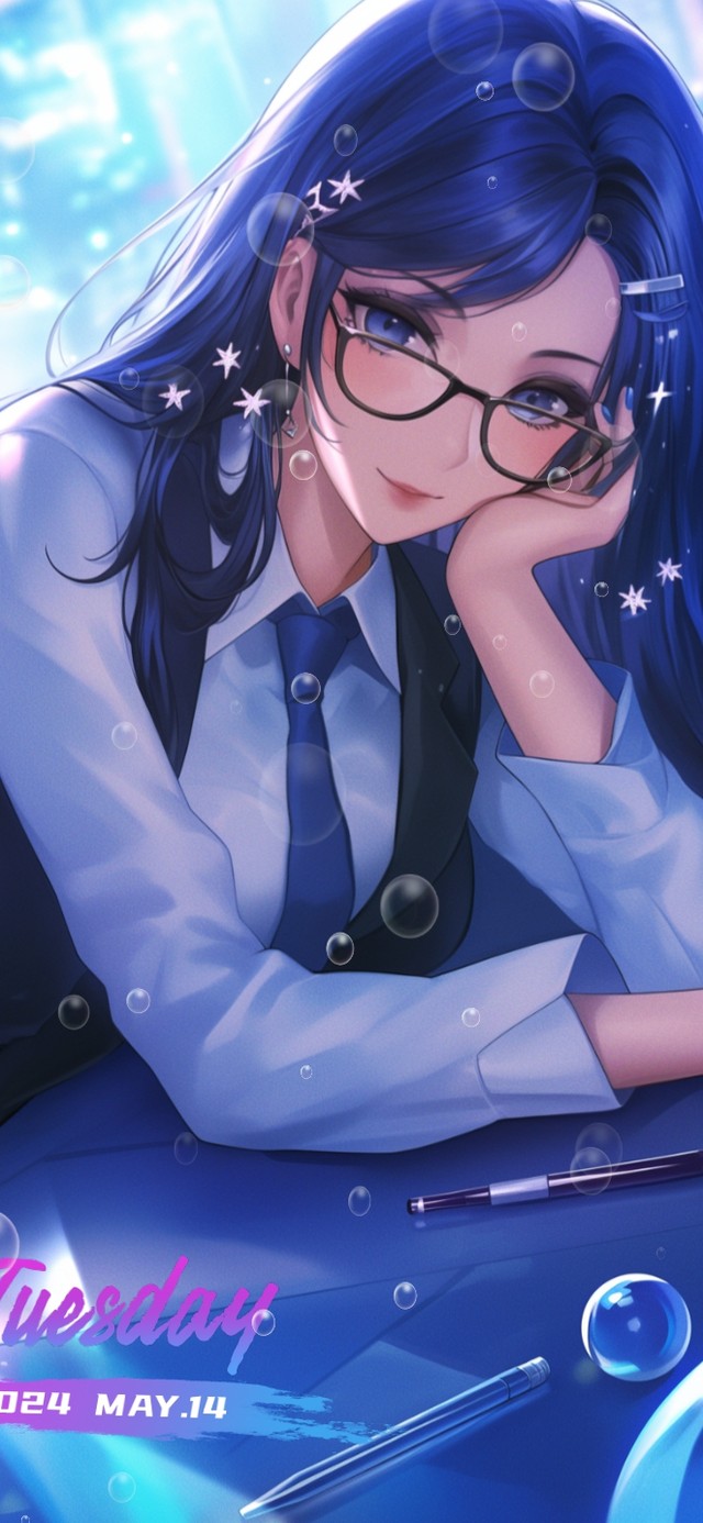 蓝发眼镜思考美女