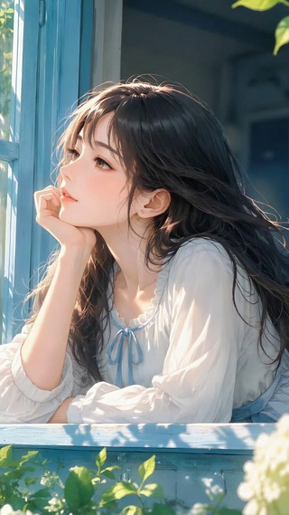 窗边托腮的治愈系美少女