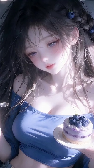 吃甜点的蓝莓少女