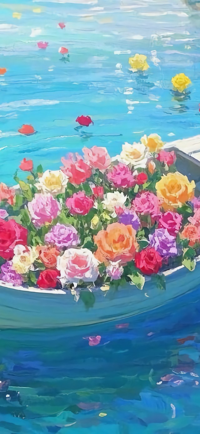 花漾壁纸|蓝水船中花簇