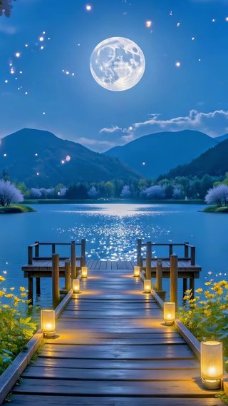 满月下的湖光花径
