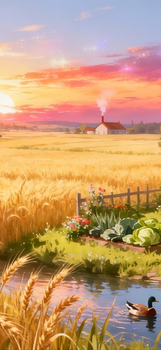 治愈晚霞乡村麦田