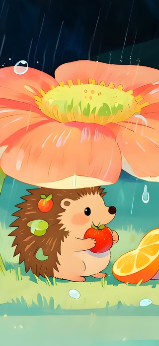 花朵下躲雨小刺猬
