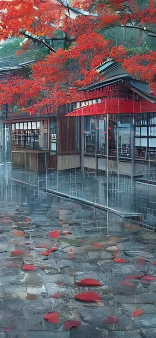 雨中小镇街景