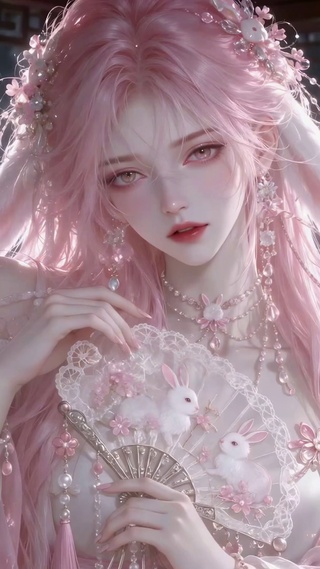 粉色古风兔耳美少女月下赏樱