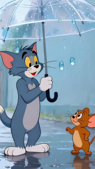 秋雨伞下猫和老鼠