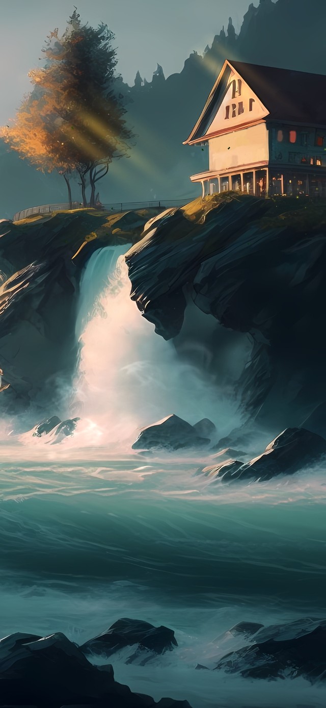 唯美瀑布边的别墅