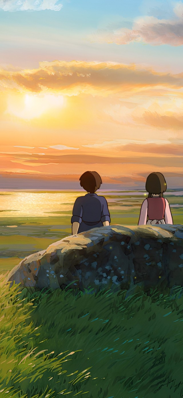 草原看日出的情侣