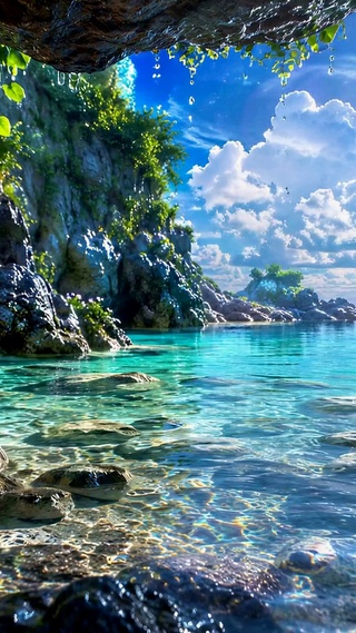 洞穴外清澈海湾治愈海景