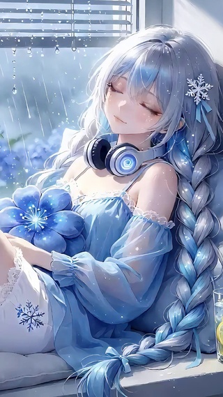 雨窗慵懒的银发麻花辫少女
