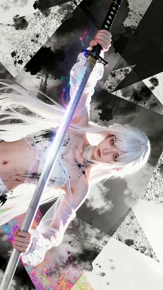 水墨风持剑白发小蛮腰御姐凌厉眼