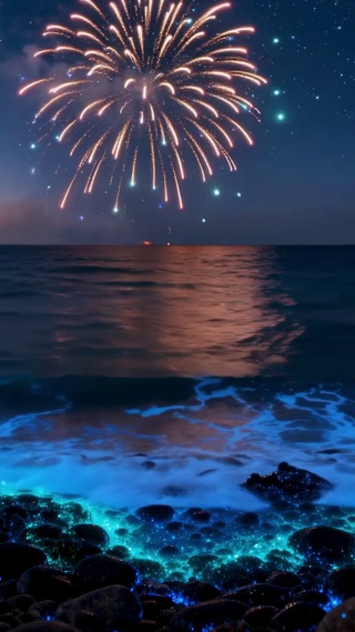 蓝眼泪海边烟花星空夜景