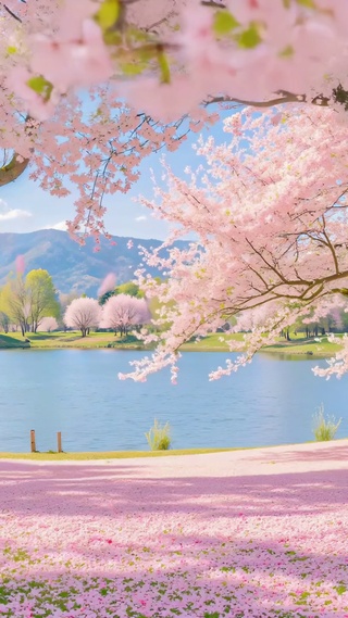 樱花树下粉色湖畔