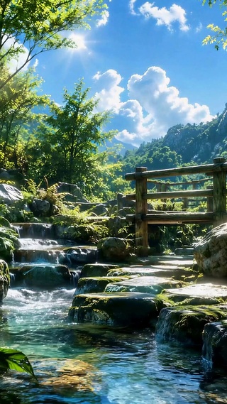 阳光林间清溪，治愈系自然风景
