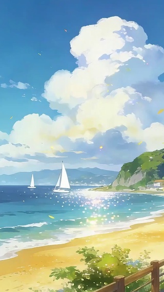 蓝天白云树木海景