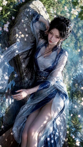 溪畔古风蓝衣美人