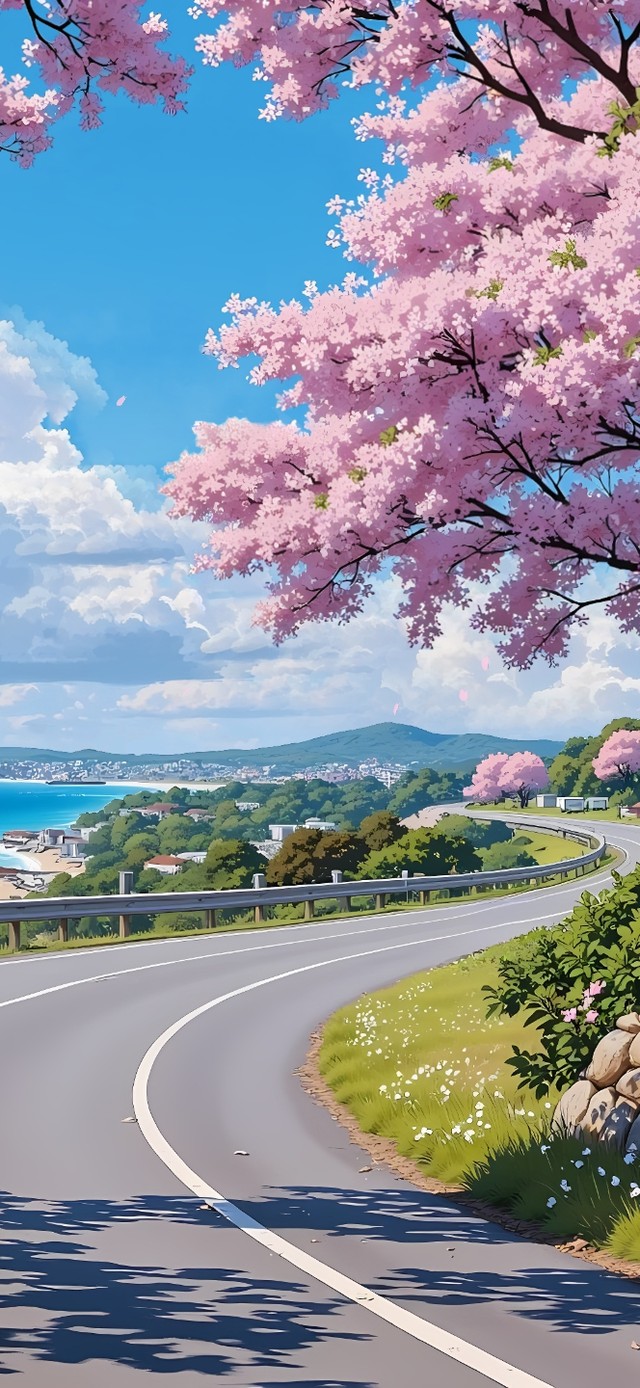 樱花树下海景公路